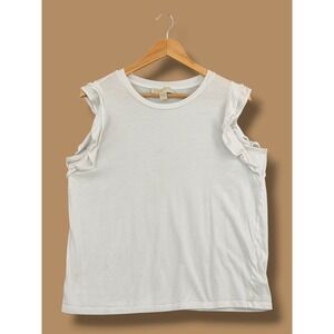 Michael Kors Womens White Ruffle Sleeve Crew Neck Tank Top Shirt Large